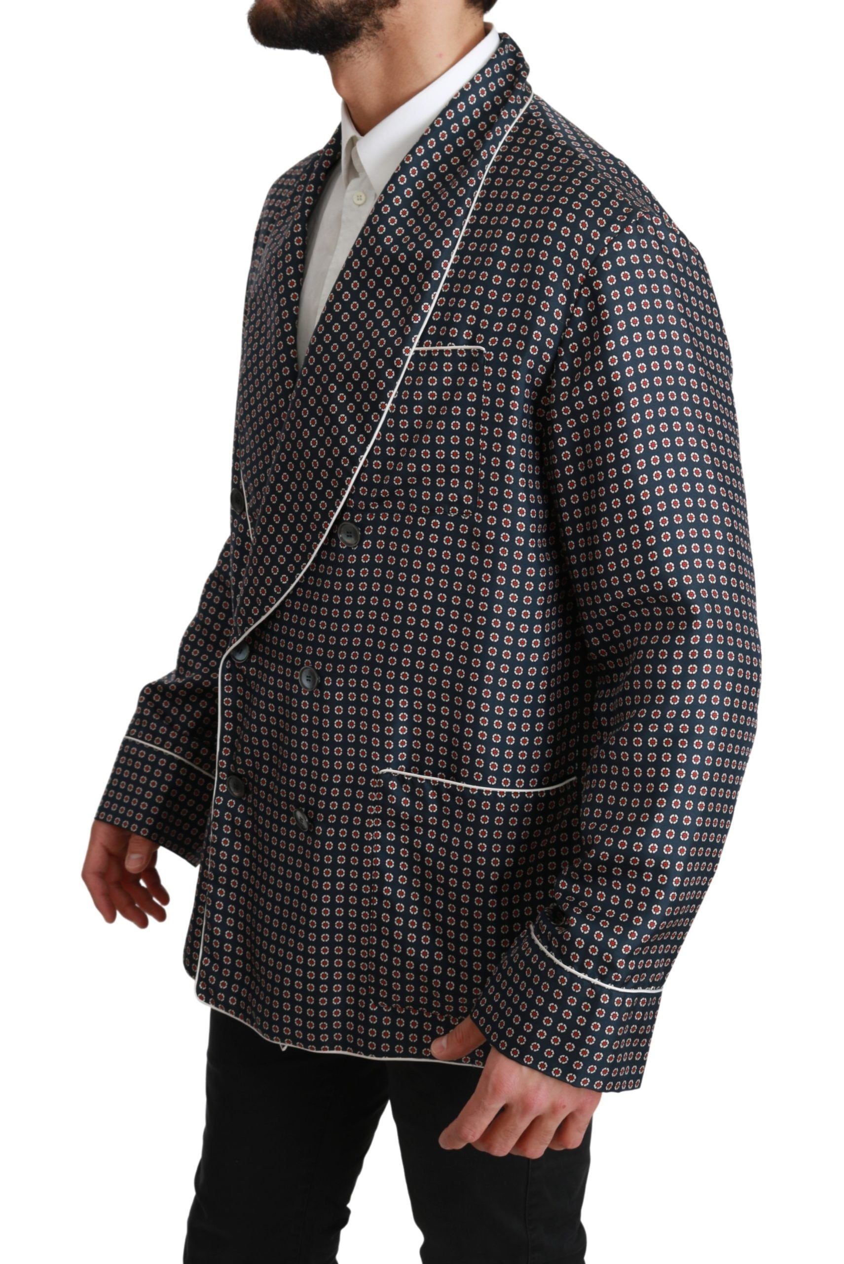 Dolce & Gabbana Navy Blue Patterned Double-Breasted Coat Jacket