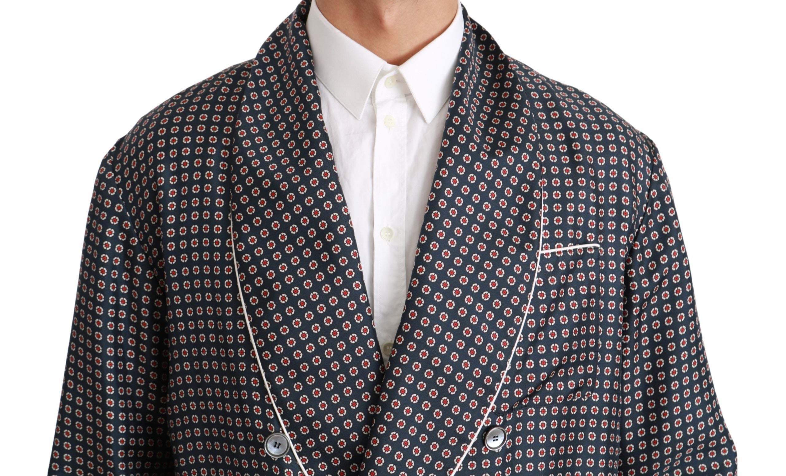 Dolce & Gabbana Navy Blue Patterned Double-Breasted Coat Jacket