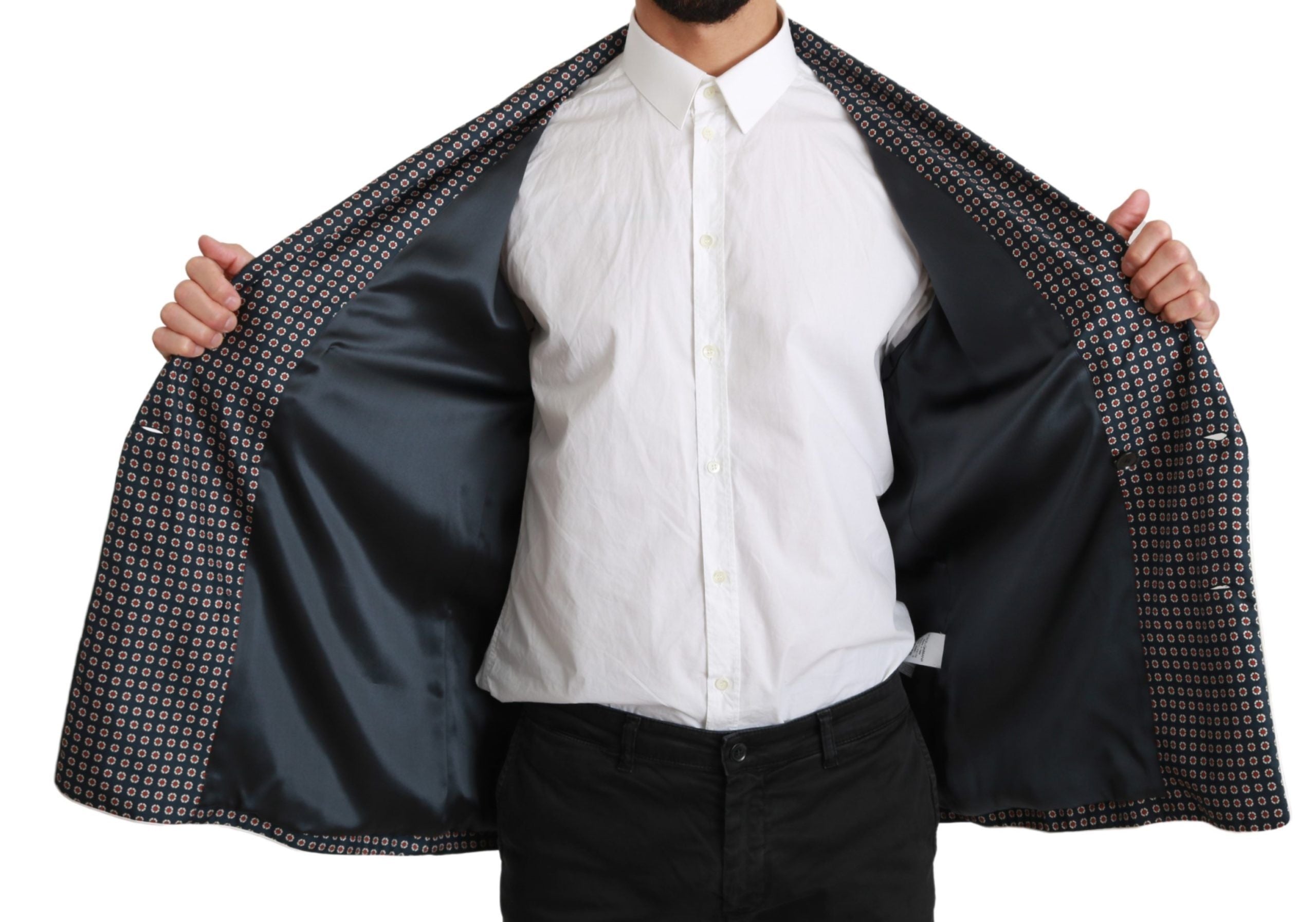 Dolce & Gabbana Navy Blue Patterned Double-Breasted Coat Jacket