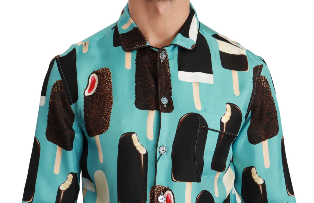 Dolce & Gabbana Blaues Seideneishemd mit Eiscreme-Druck Freizeithemd