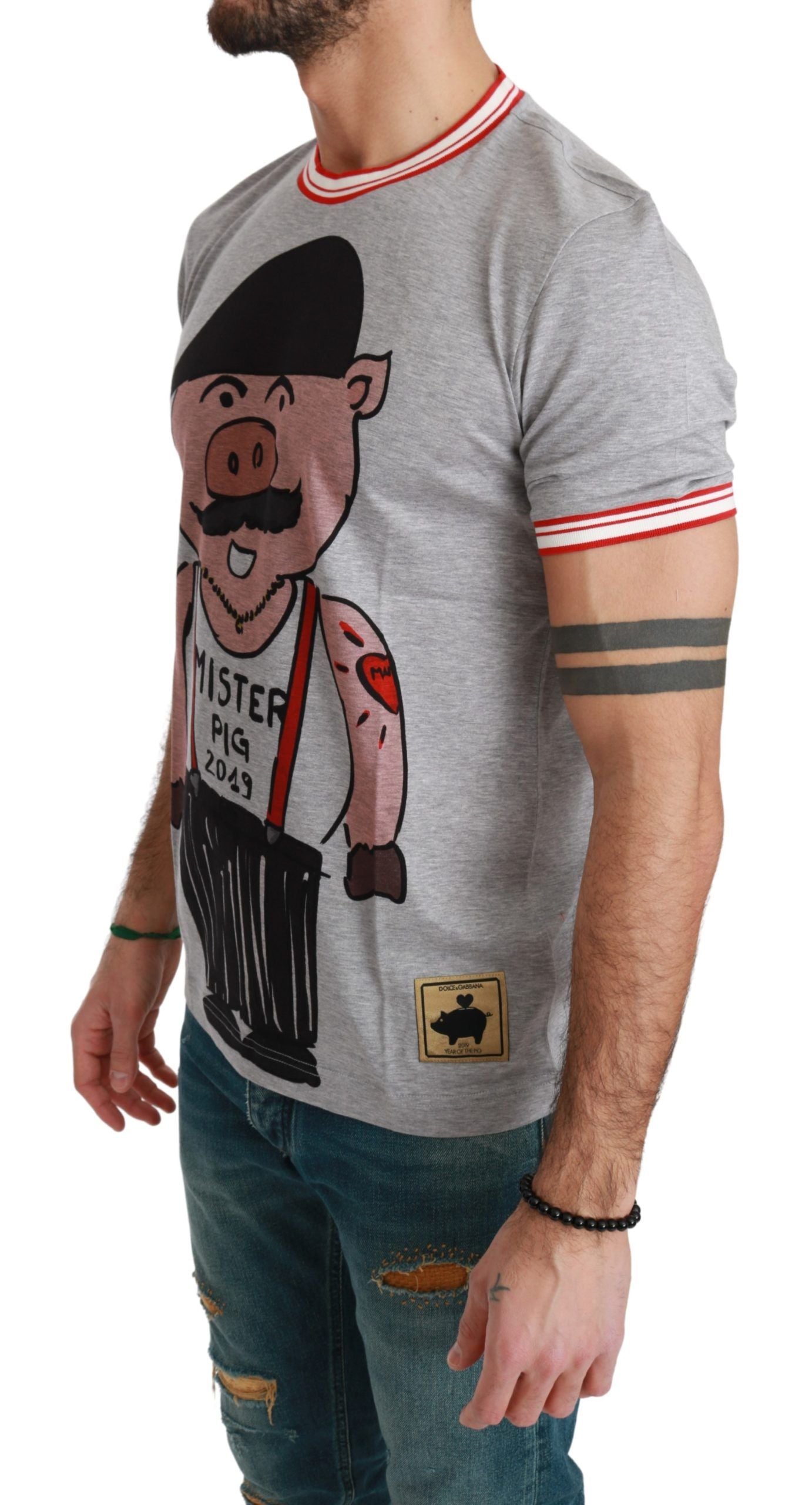 Dolce & Gabbana Graues Baumwoll-Top 2019 Jahr des Schweins T-shirt