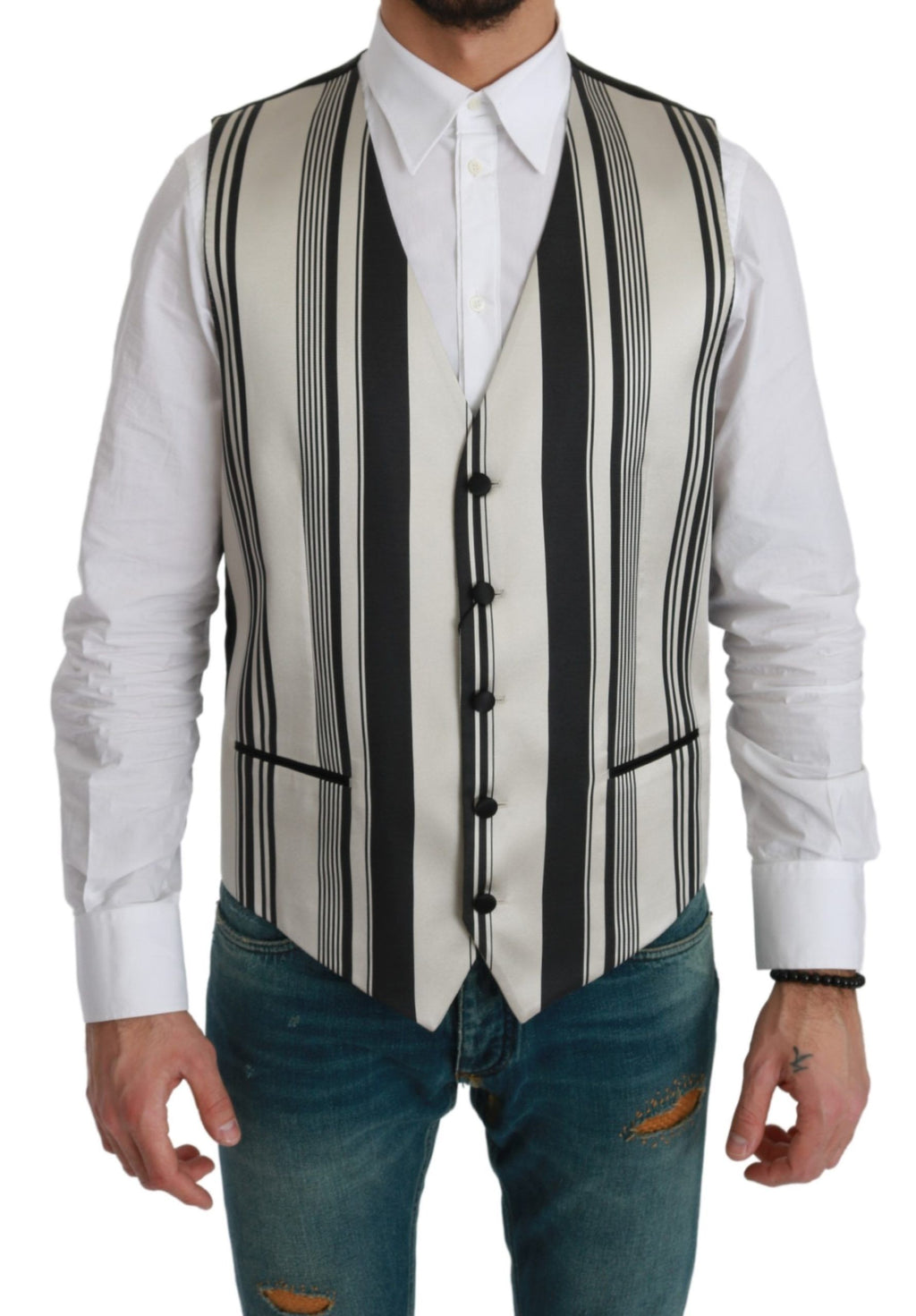 Dolce & Gabbana White Black Striped Vest Formal Vest