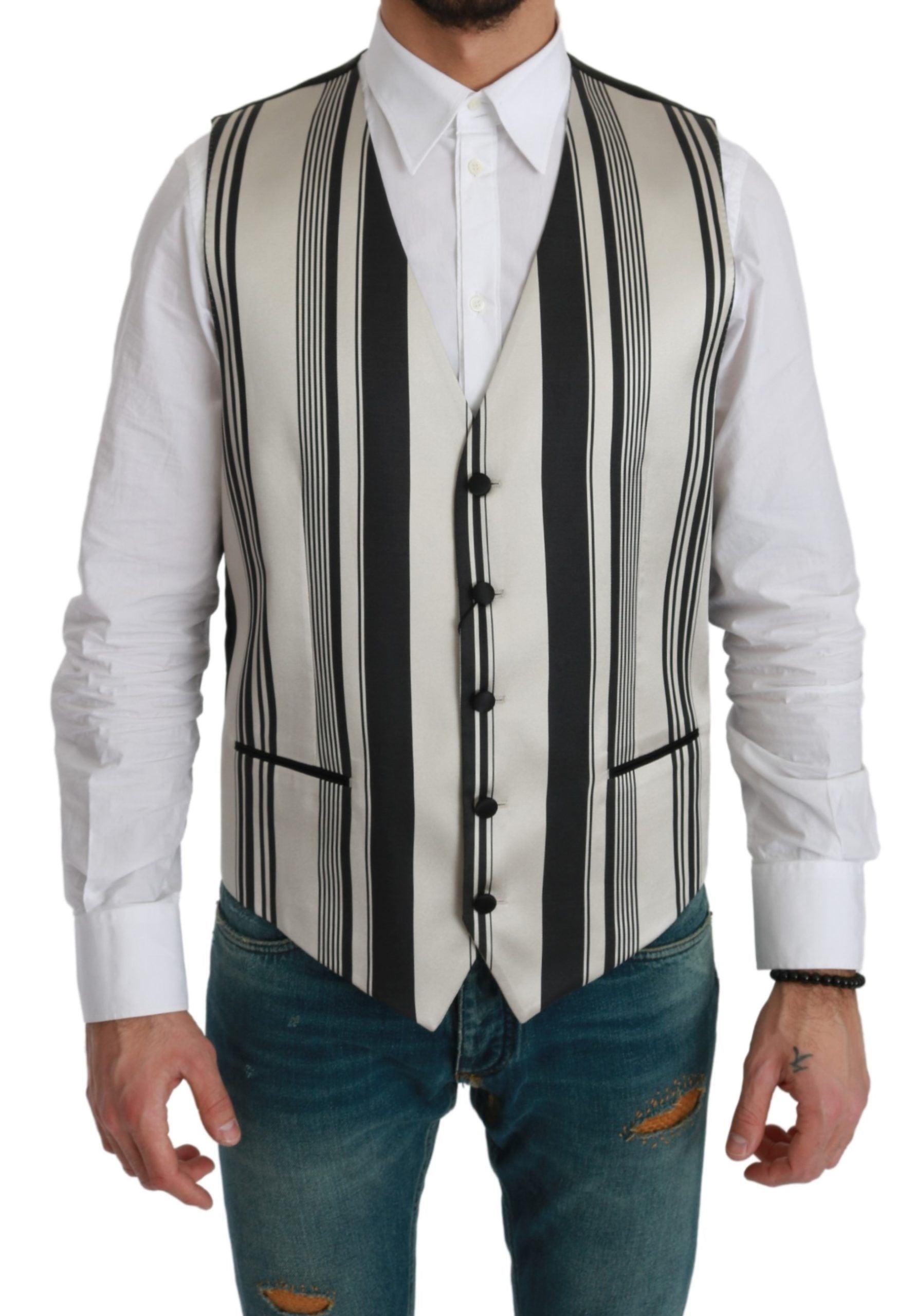 Dolce & Gabbana White Black Striped Vest Formal Vest