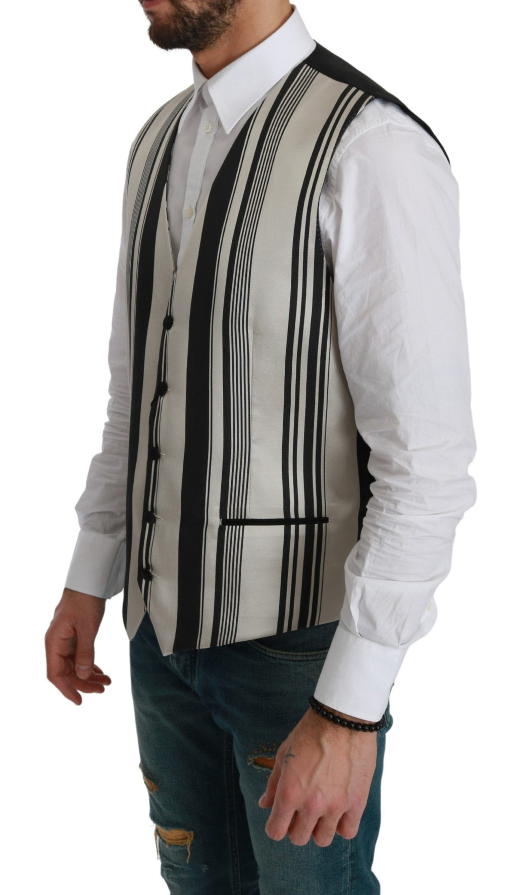 Dolce & Gabbana White Black Striped Vest Formal Vest