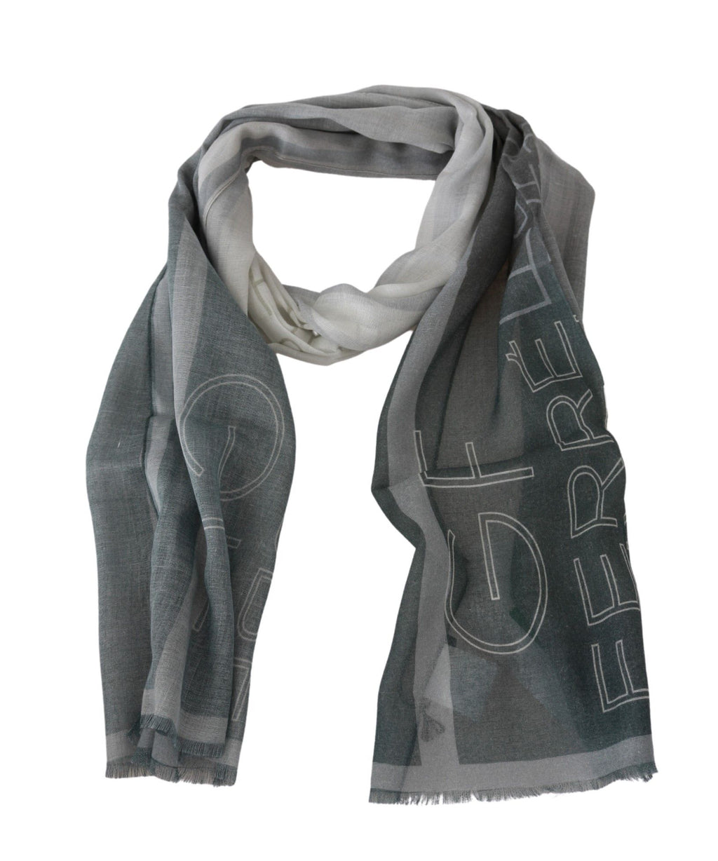 GF Ferre Grey Wool-Viscose Foulard Patterned Branded Scarf