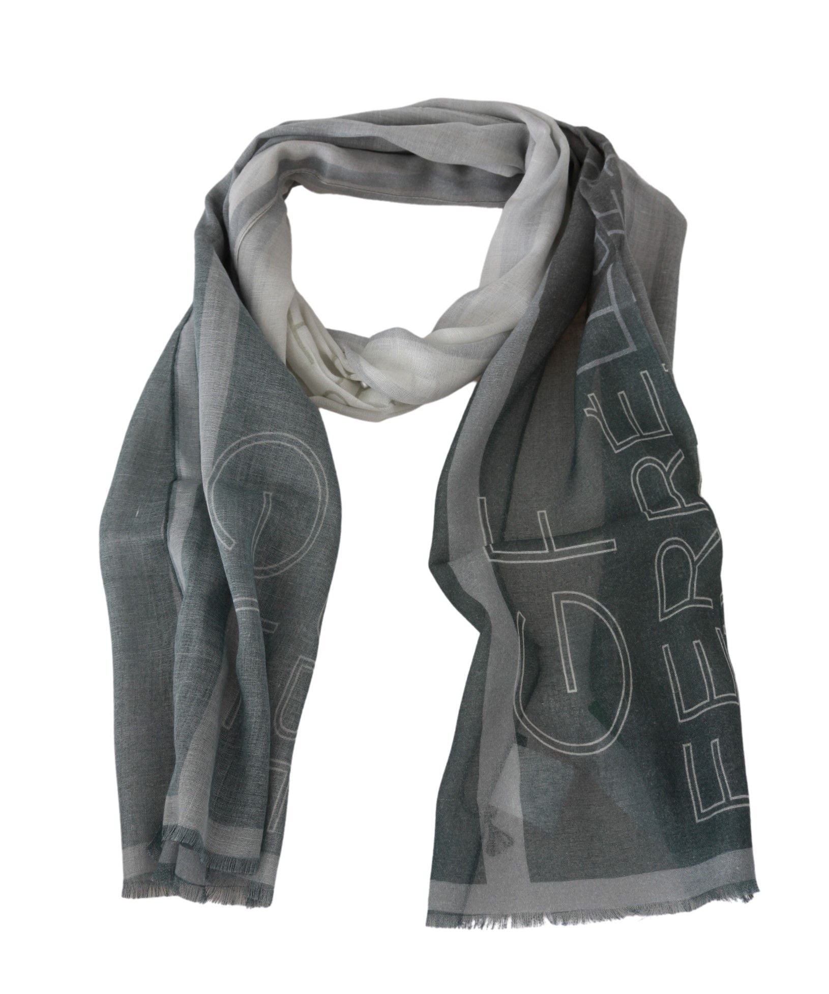 GF Ferre Grey Wool-Viscose Foulard Patterned Branded Scarf