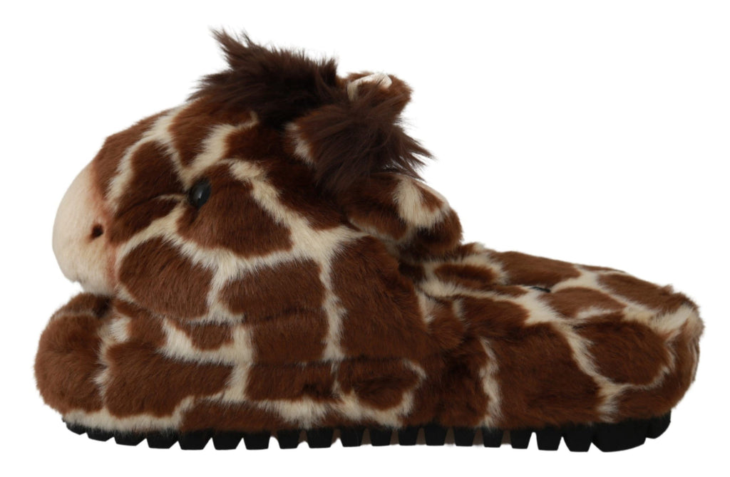 Dolce & Gabbana Brown Giraffe Slippers Flat Sandals Shoes
