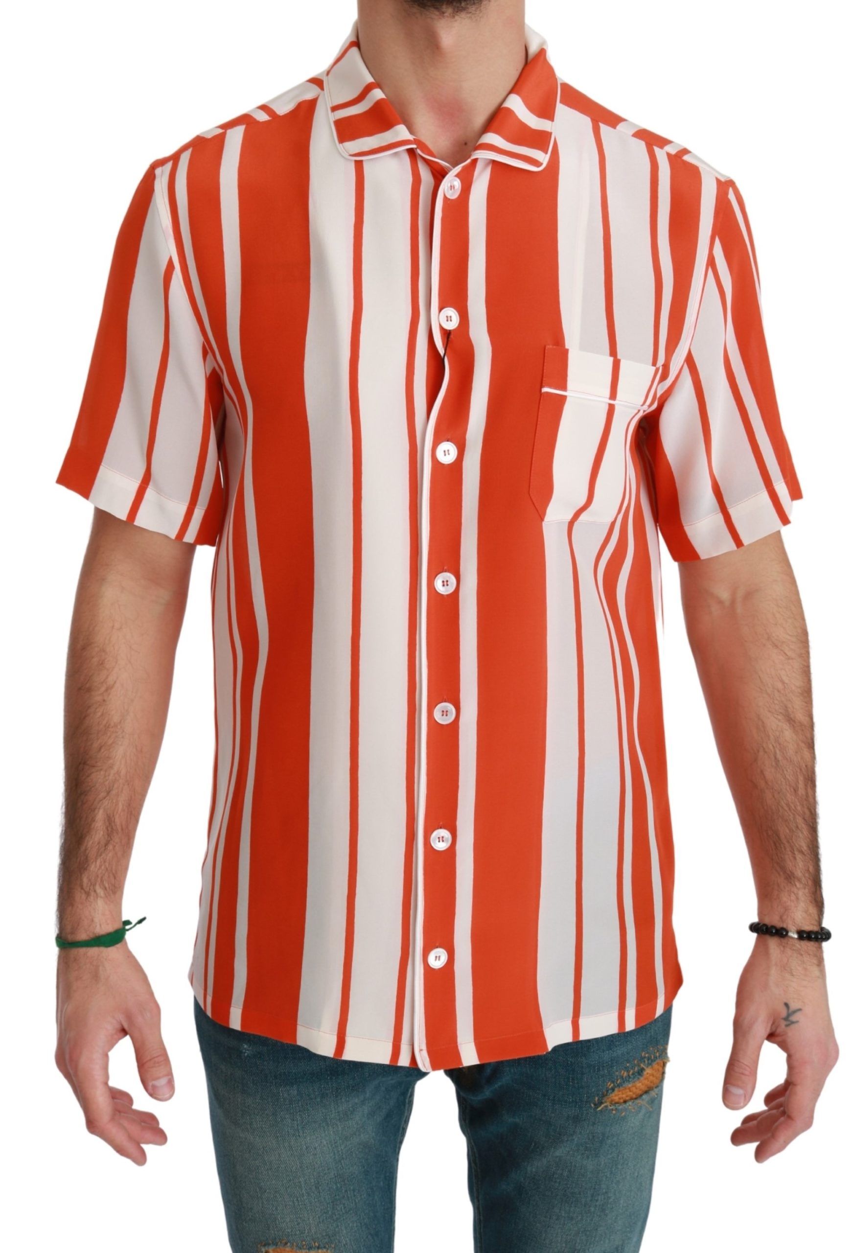 Dolce & Gabbana Orange Striped Short-Sleeve Silk Shirt