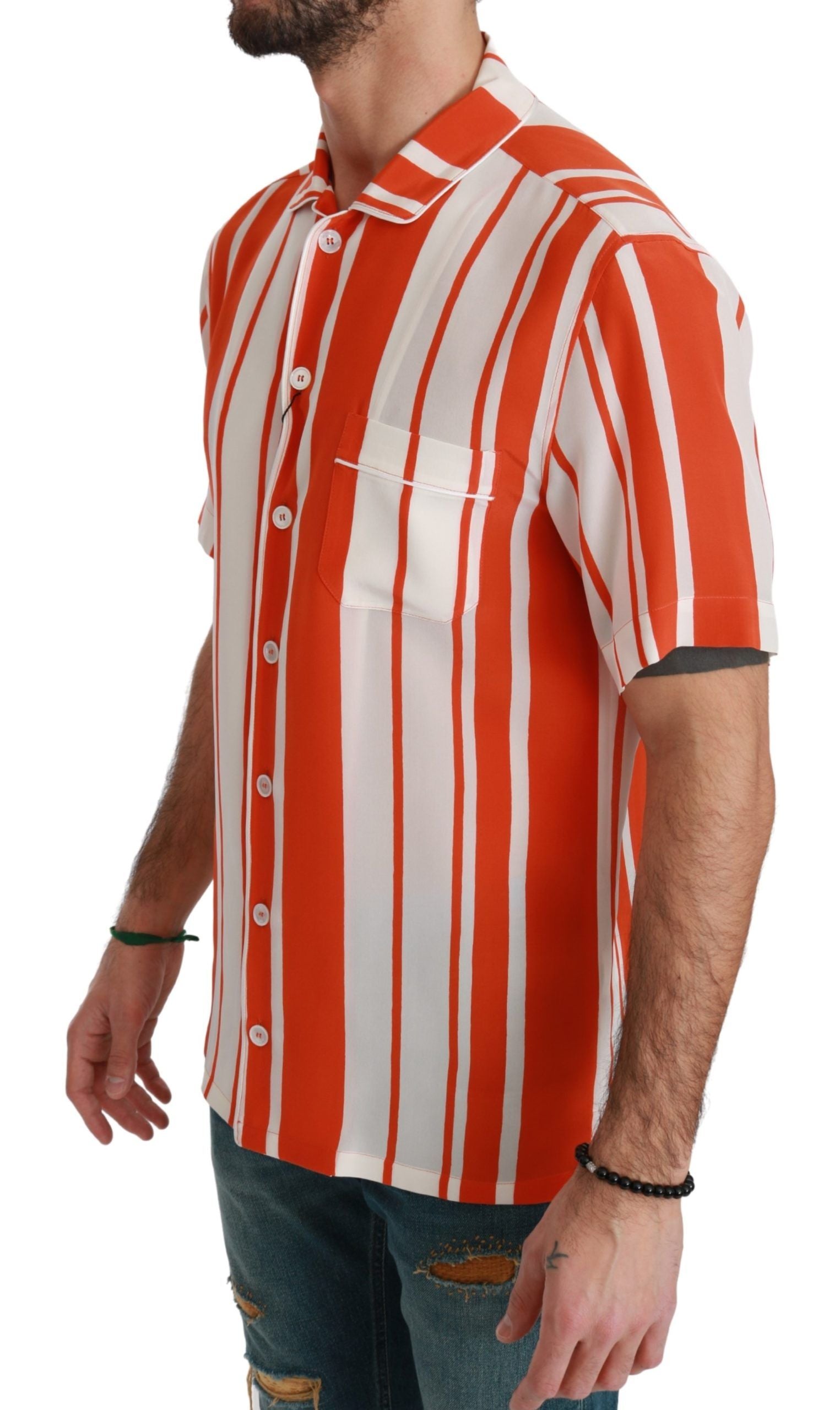 Dolce & Gabbana Orange Striped Short-Sleeve Silk Shirt