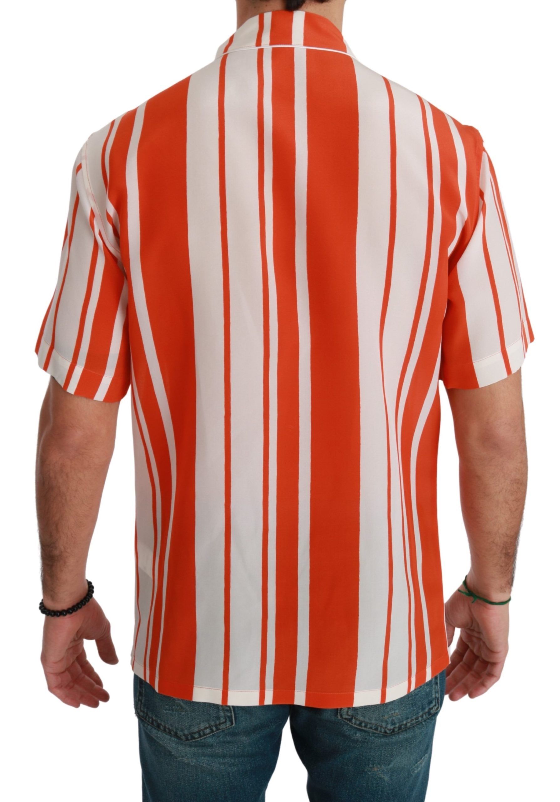 Dolce & Gabbana Orange Striped Short-Sleeve Silk Shirt