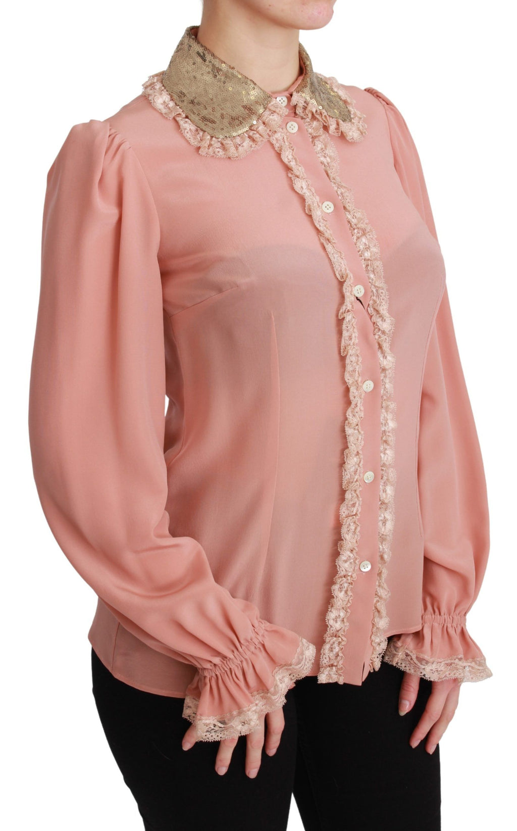 Dolce & Gabbana Rosa Seide Gold Pailletten Spitze Bluse Shirt