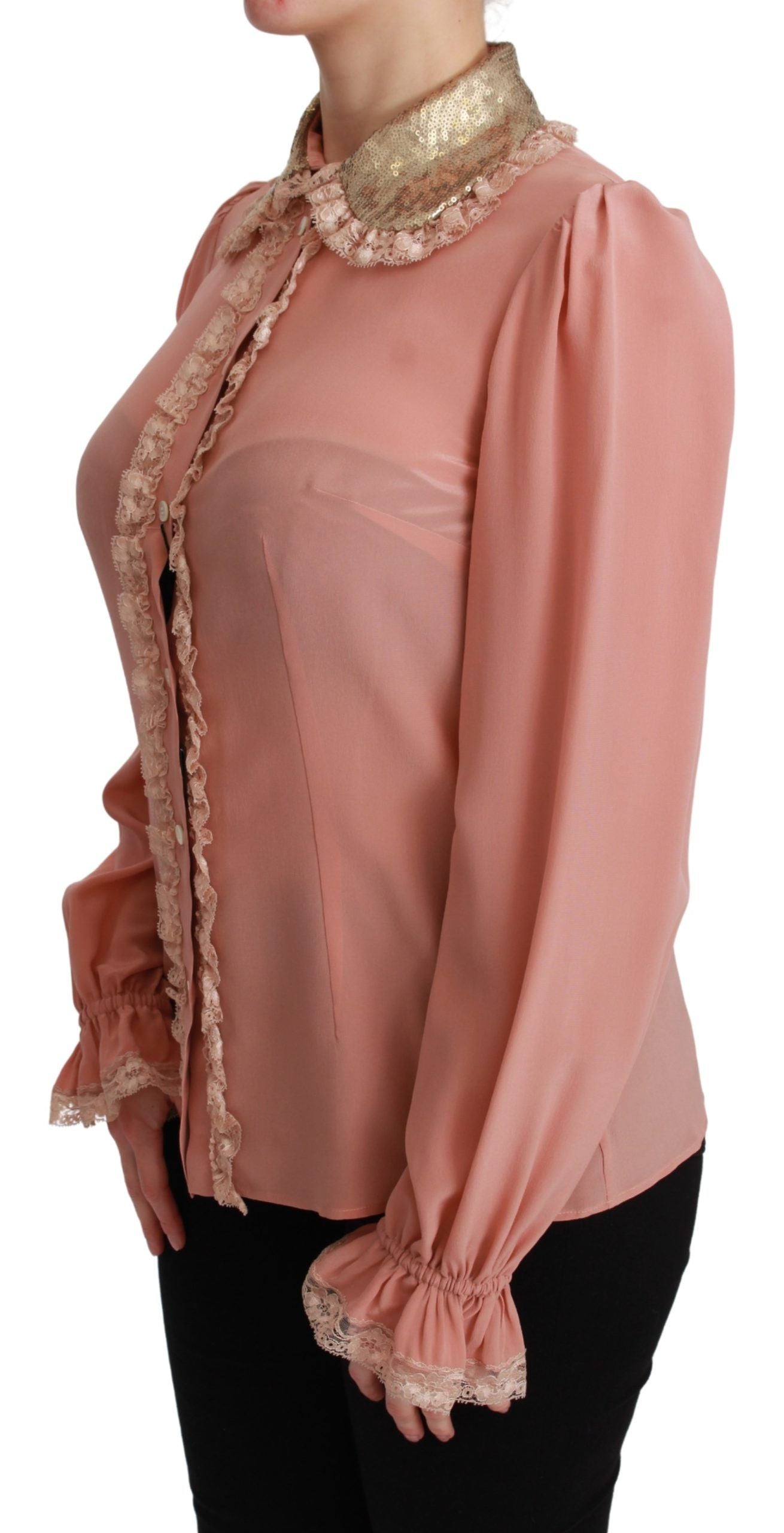 Dolce & Gabbana Rosa Seide Gold Pailletten Spitze Bluse Shirt