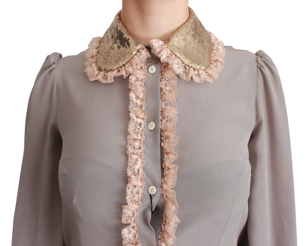 Dolce & Gabbana Graue Seide Gold Pailletten Spitze Bluse Hemd