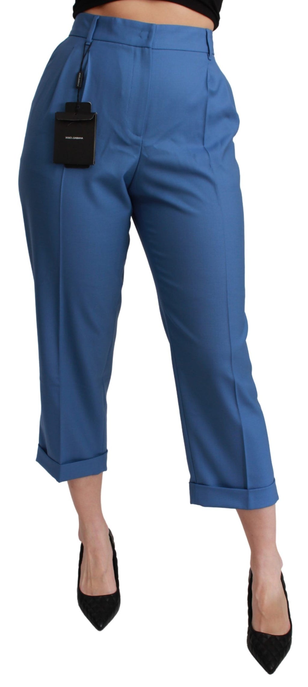 Dolce & Gabbana Blaue Faltenhose aus Wolle mit Bündchen und verkürzter Hose