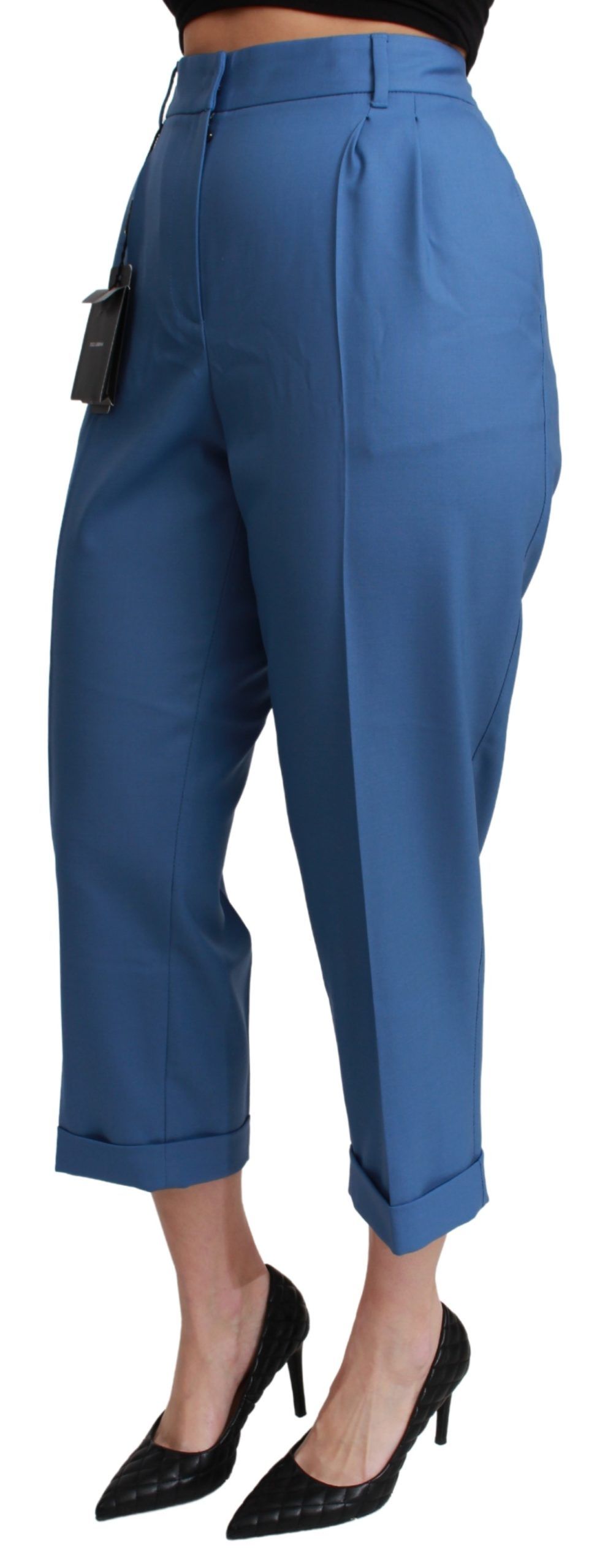 Dolce & Gabbana Blaue Faltenhose aus Wolle mit Bündchen und verkürzter Hose