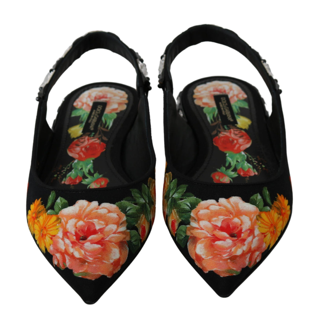 Dolce & Gabbana Schwarz Floral Kristall Slingbacks Flats Schuhe