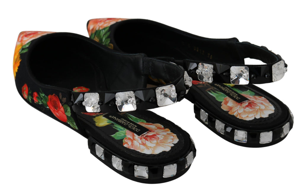 Dolce & Gabbana Schwarz Floral Kristall Slingbacks Flats Schuhe