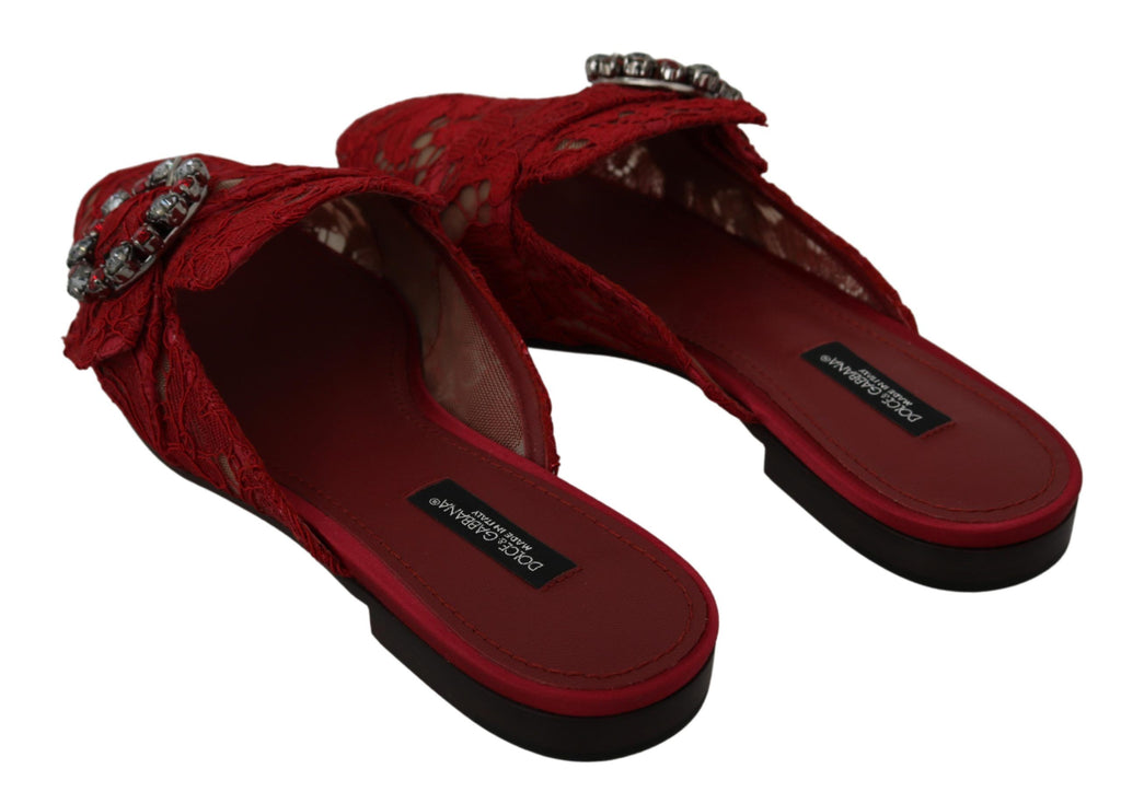 Dolce & Gabbana Rote Spitze Kristall Slide On Flats Schuhe