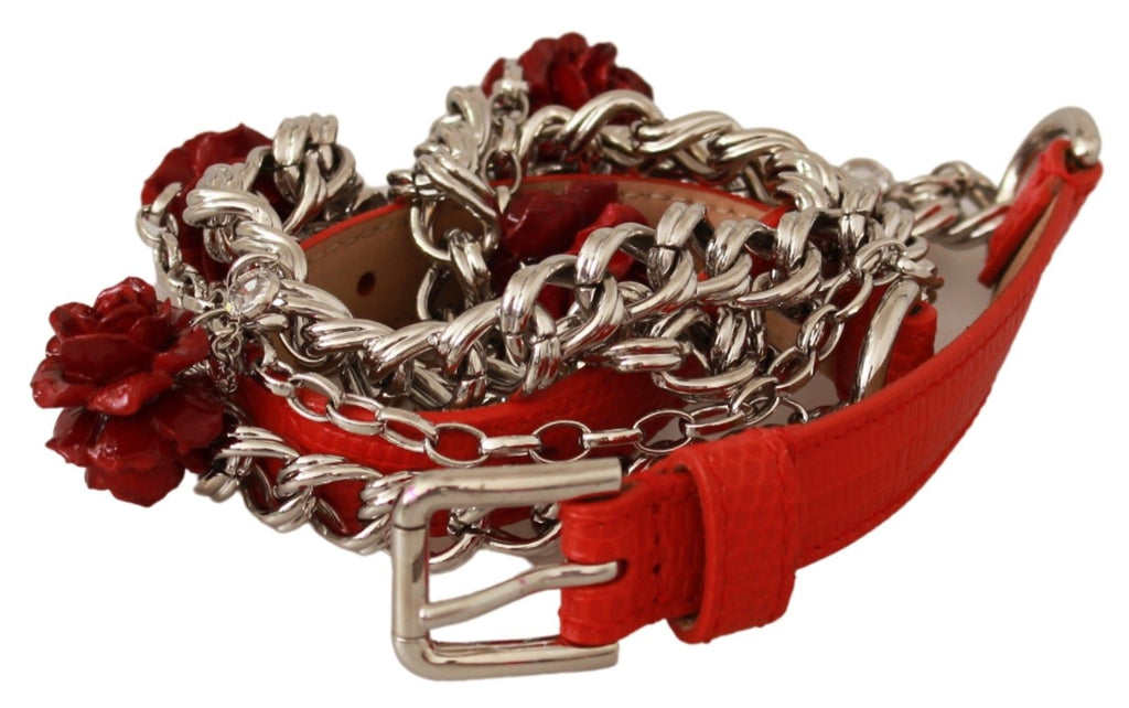Dolce & Gabbana Red Leather Rose Floral Silver Waist Belt