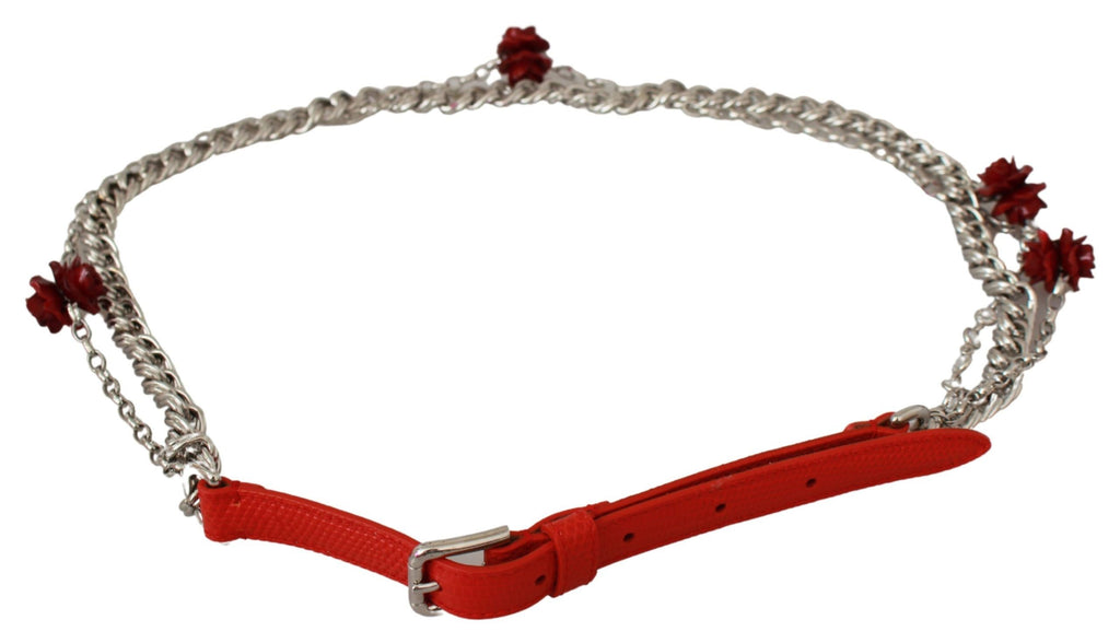 Dolce & Gabbana Red Leather Rose Floral Silver Waist Belt