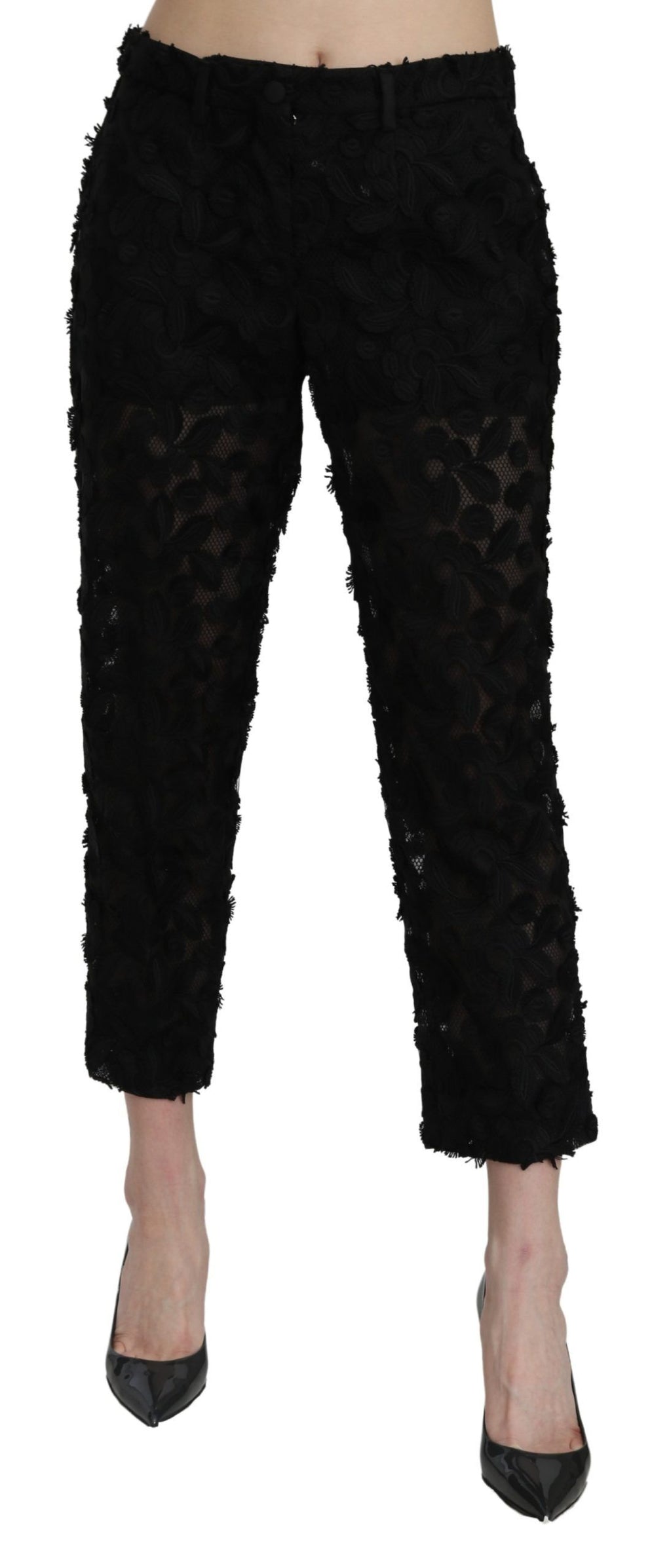Dolce & Gabbana Black High-Waist Straight-Leg Lace Trousers