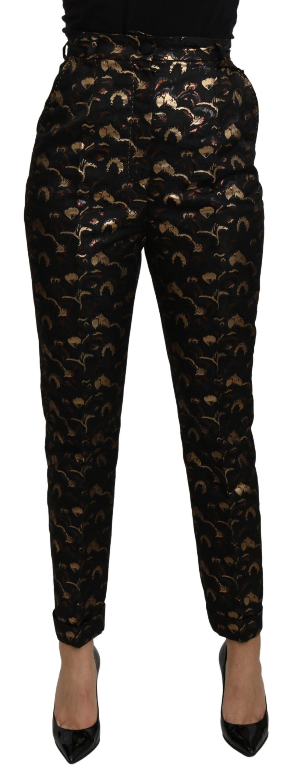 Dolce & Gabbana Schwarzgoldene Brokat-Hose mit hoher Taille