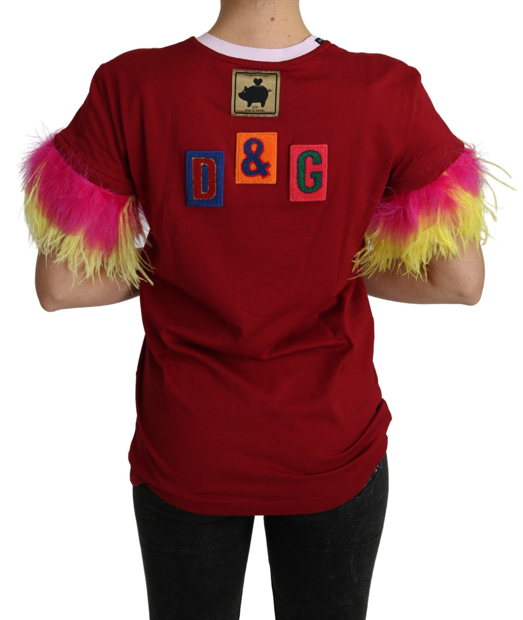 Dolce & Gabbana Rotes Schwein Druck Feder Ärmel T-shirt Top