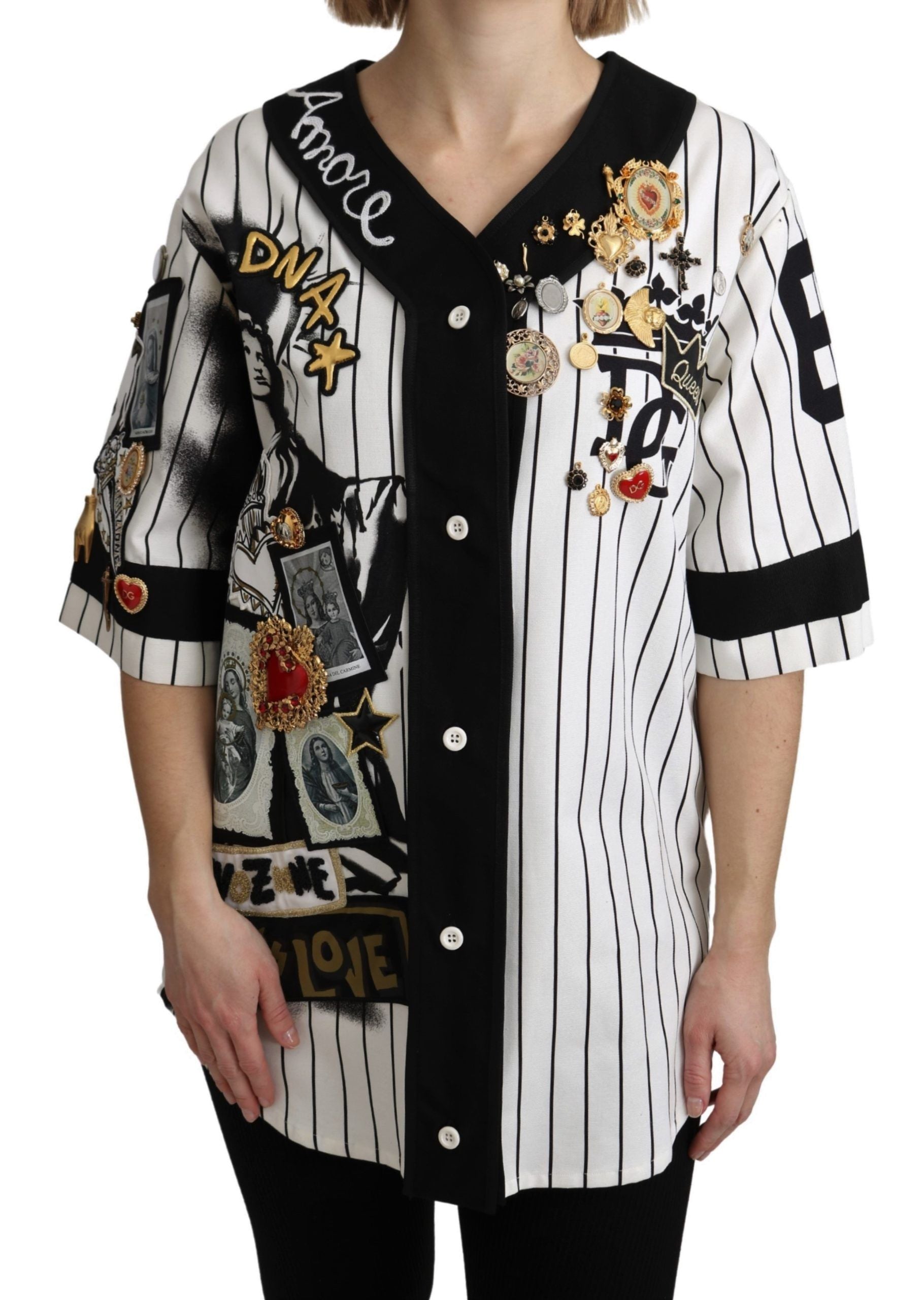 Dolce & Gabbana Weiß-schwarze Bluse Baumwolle Crystal Charms Amore Shirt