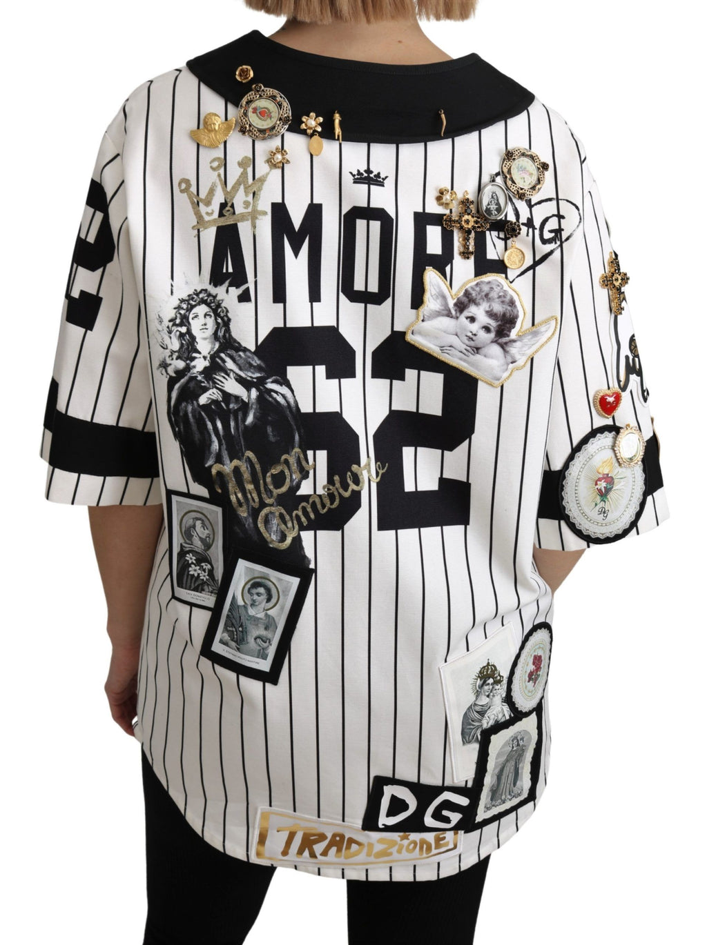 Dolce & Gabbana Weiß-schwarze Bluse Baumwolle Crystal Charms Amore Shirt