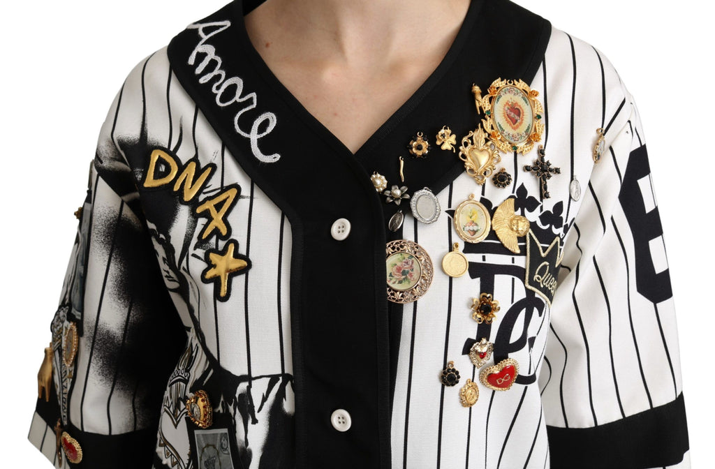 Dolce & Gabbana Weiß-schwarze Bluse Baumwolle Crystal Charms Amore Shirt