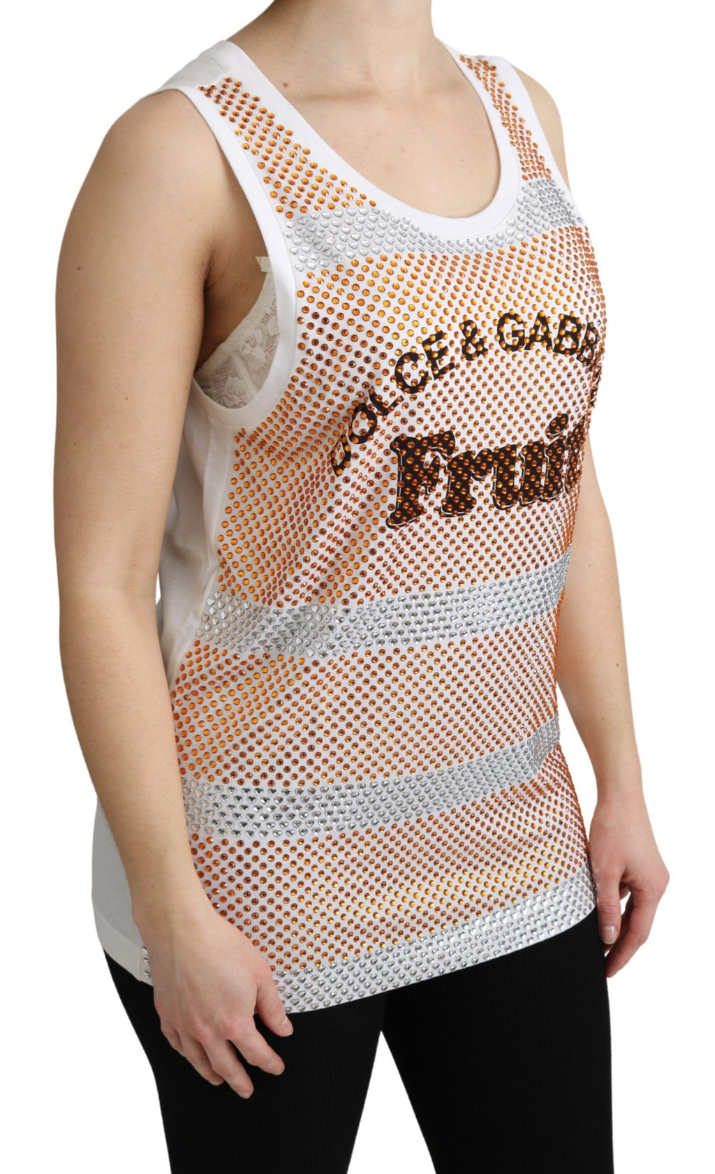 Dolce & Gabbana Weiß Orange Kristall Ärmelloses Tank Top Baumwolle