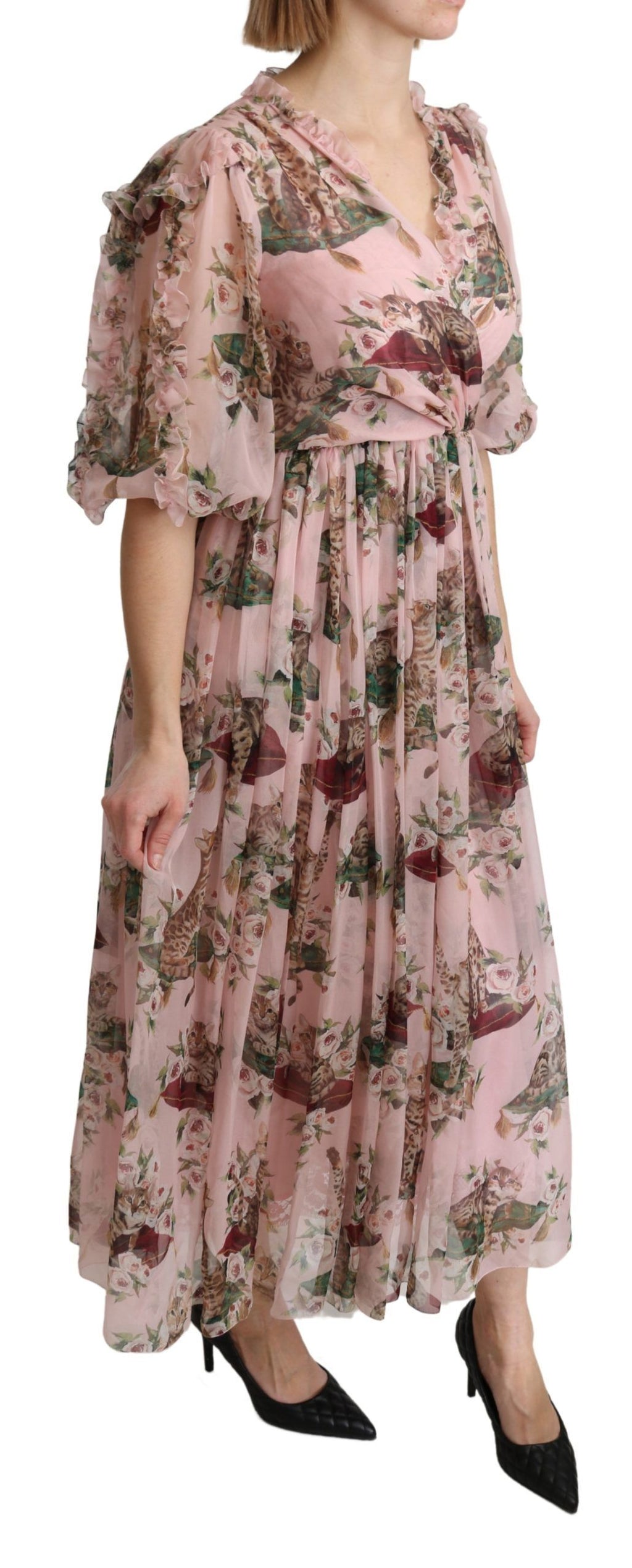 Dolce & Gabbana Rosa Bengalische Katze A-Linien-Maxi-Kleid aus Seide