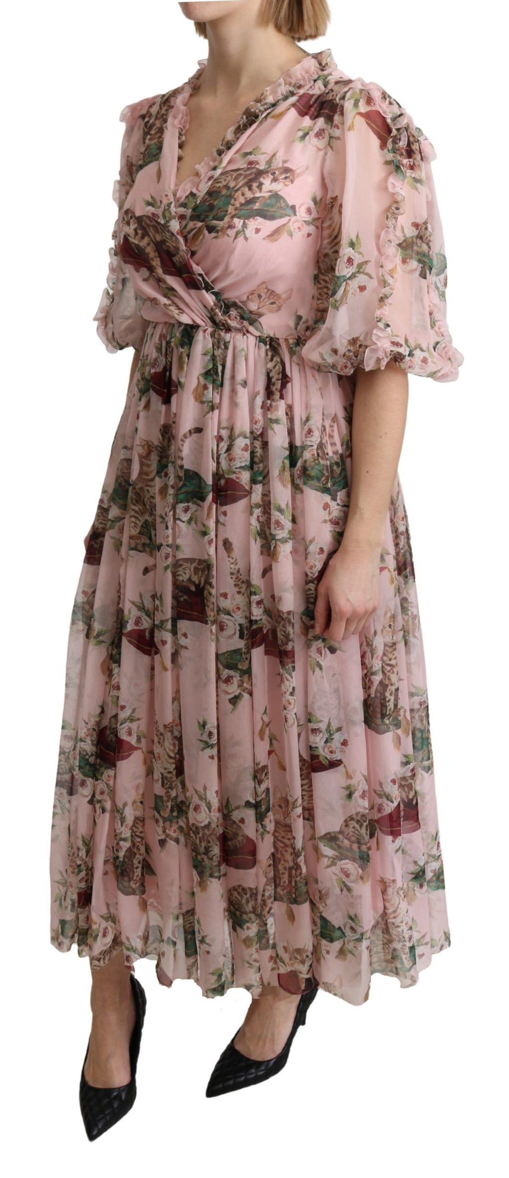 Dolce & Gabbana Rosa Bengalische Katze A-Linien-Maxi-Kleid aus Seide