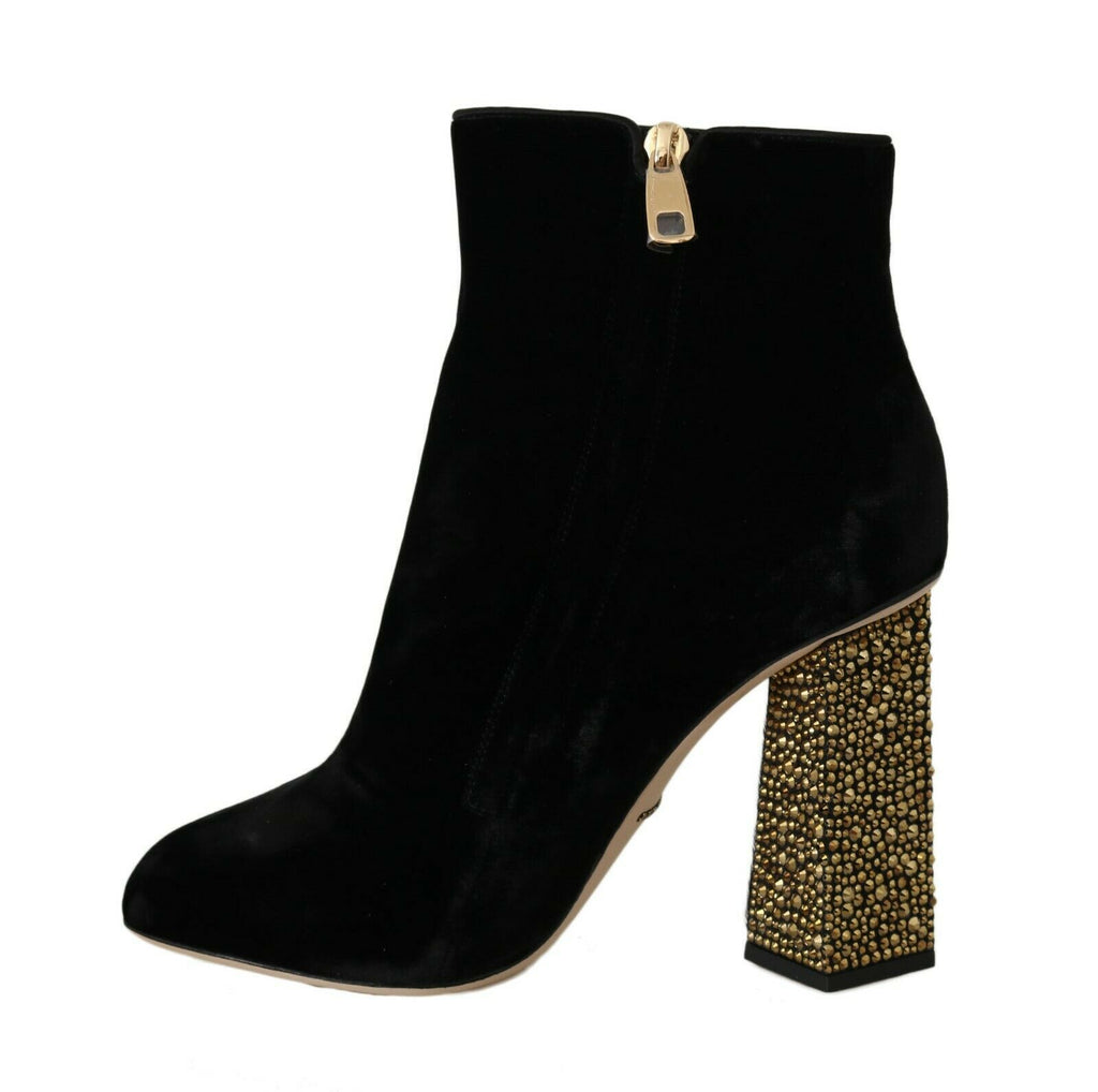 Dolce & Gabbana Schwarzer Samt Kristall Quadratische Absätze Schuhe