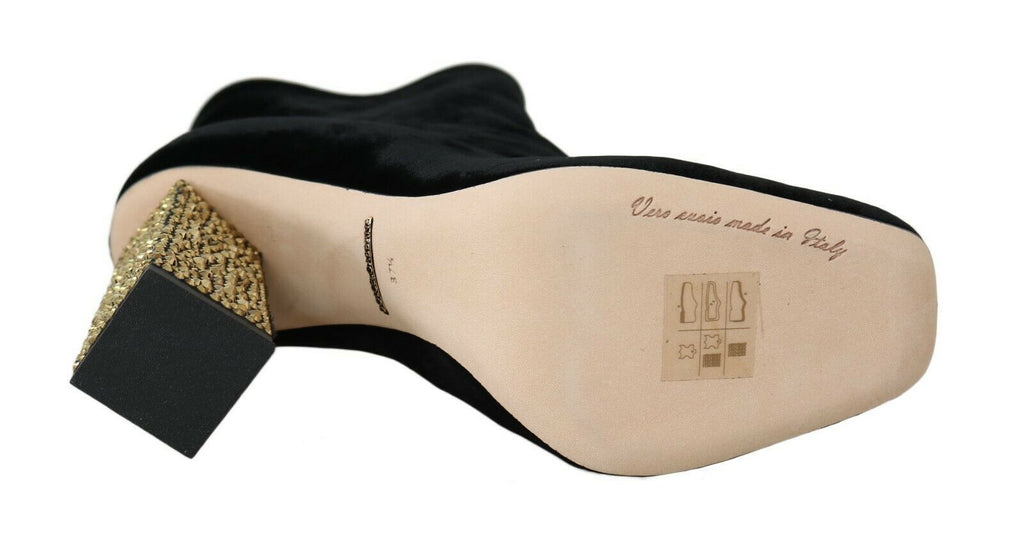 Dolce & Gabbana Schwarzer Samt Kristall Quadratische Absätze Schuhe