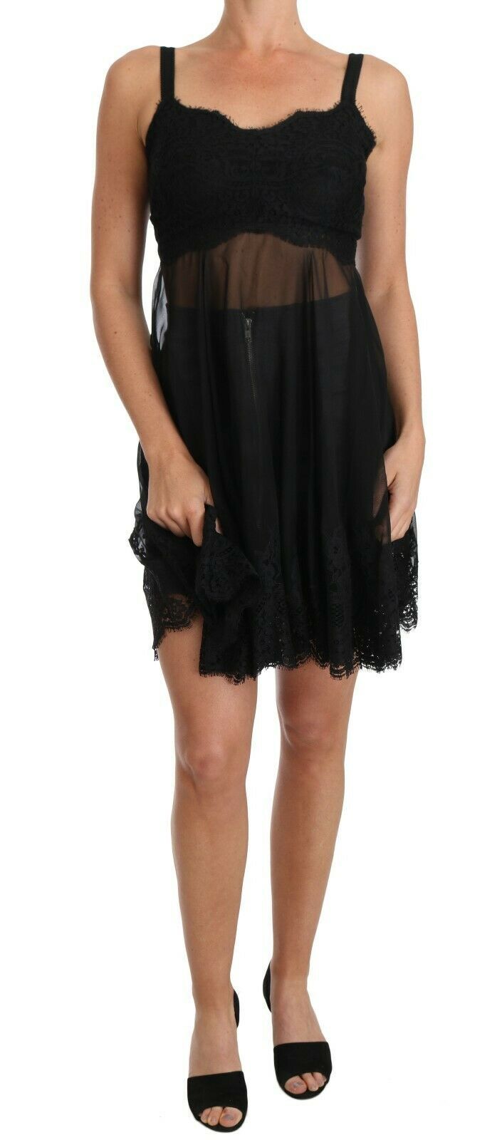 Dolce & Gabbana Schwarzes Seiden-Spitzenkleid Chemise Lingerie