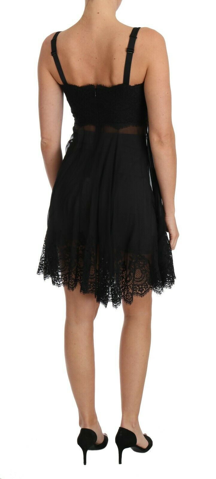Dolce & Gabbana Schwarzes Seiden-Spitzenkleid Chemise Lingerie
