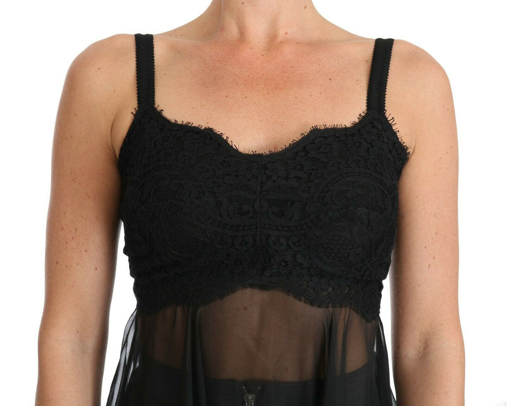 Dolce & Gabbana Schwarzes Seiden-Spitzenkleid Chemise Lingerie