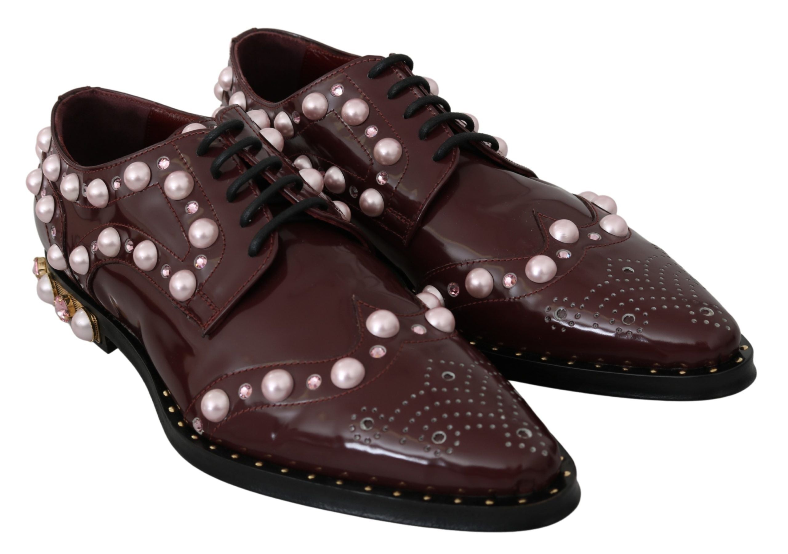 Dolce & Gabbana Bordeaux Leather Crystal Pearl Formal Shoes