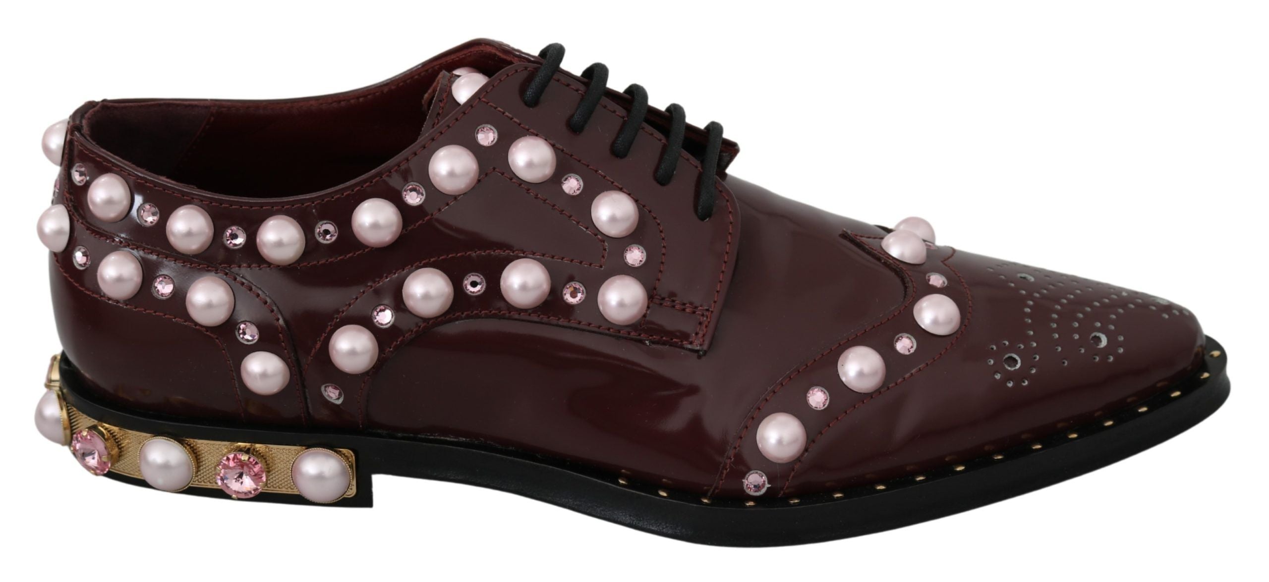 Dolce & Gabbana Bordeaux Leather Crystal Pearl Formal Shoes