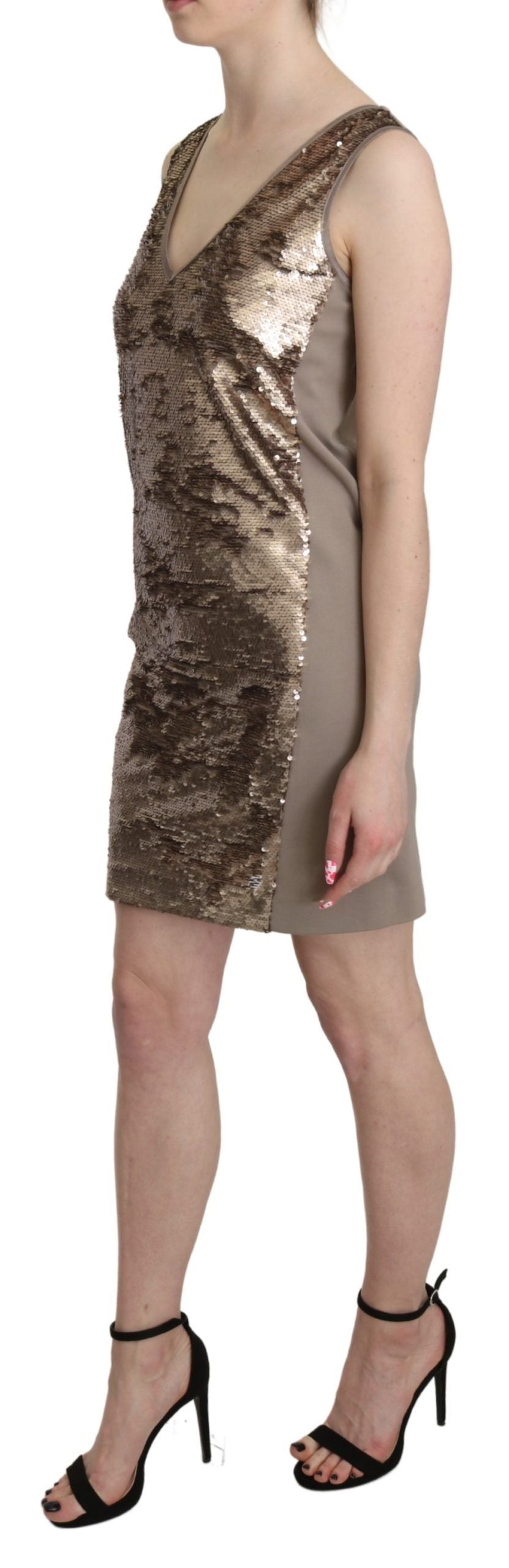 Liu Jo Brown Sequin V-Neck Sleeveless Sheath Dress