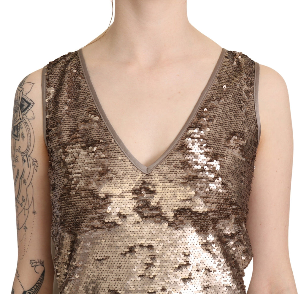Liu Jo Brown Sequin V-Neck Sleeveless Sheath Dress