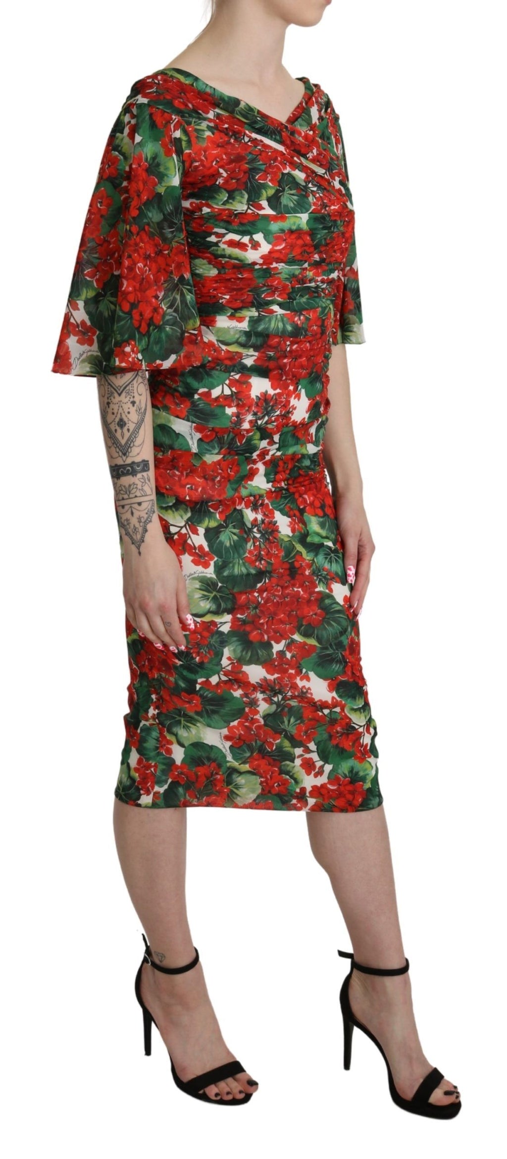 Dolce & Gabbana Rotes geblümtes Midi-Stretchkleid aus Seide