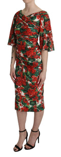 Dolce & Gabbana Rotes geblümtes Midi-Stretchkleid aus Seide