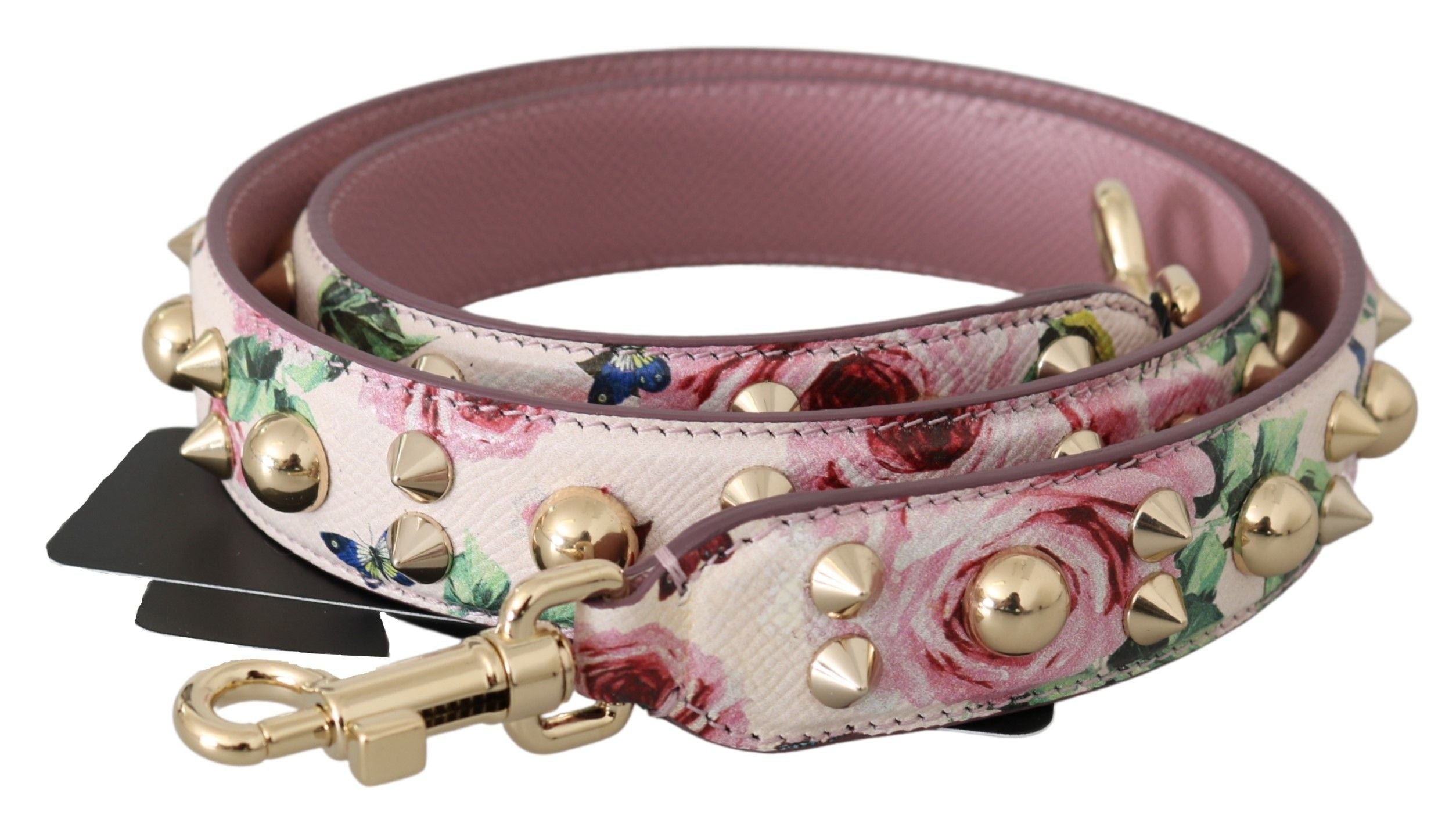 Dolce & Gabbana Pink Floral Leather Studded Accessory Shoulder Strap