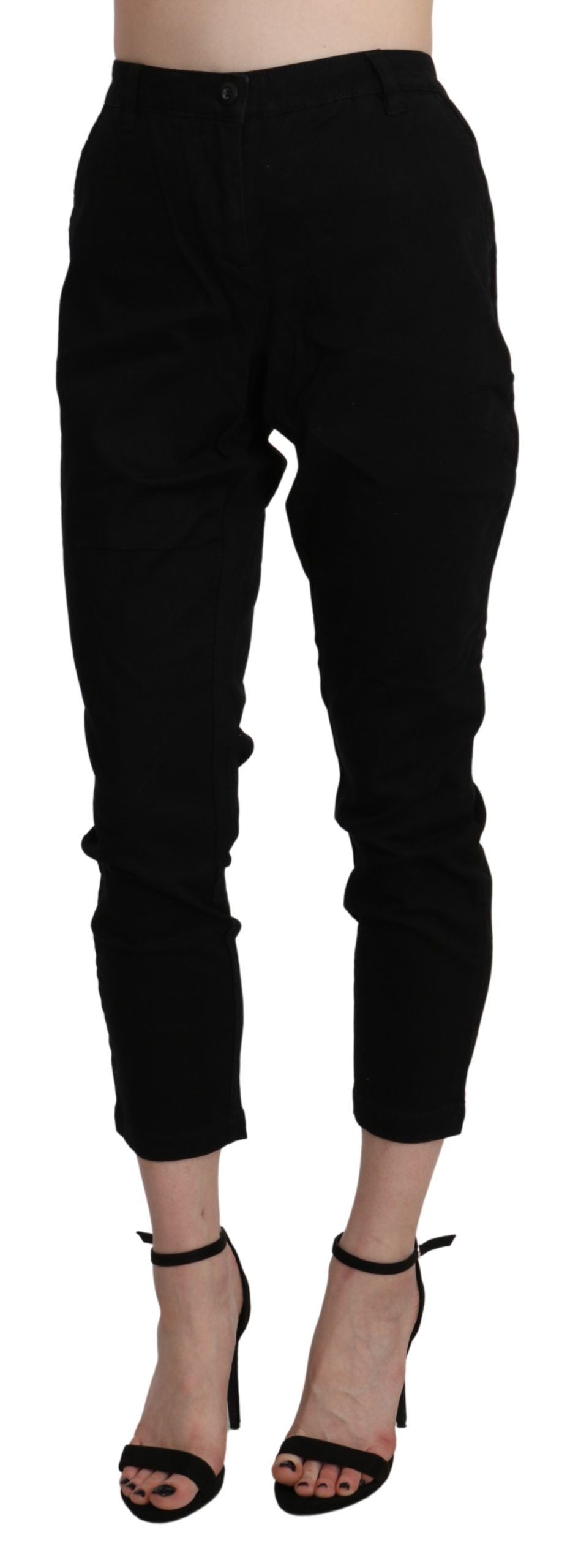Eight black high-waisted slim-fit cotton capri pants