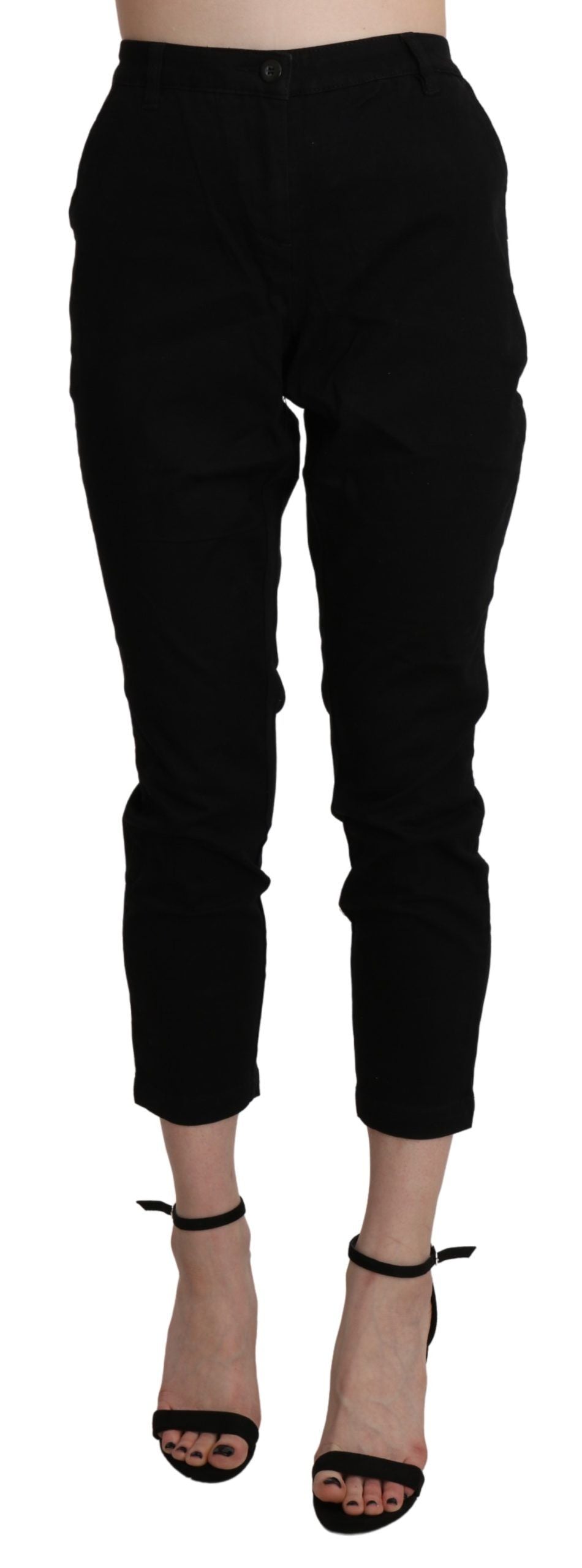 Eight black high-waisted slim-fit cotton capri pants