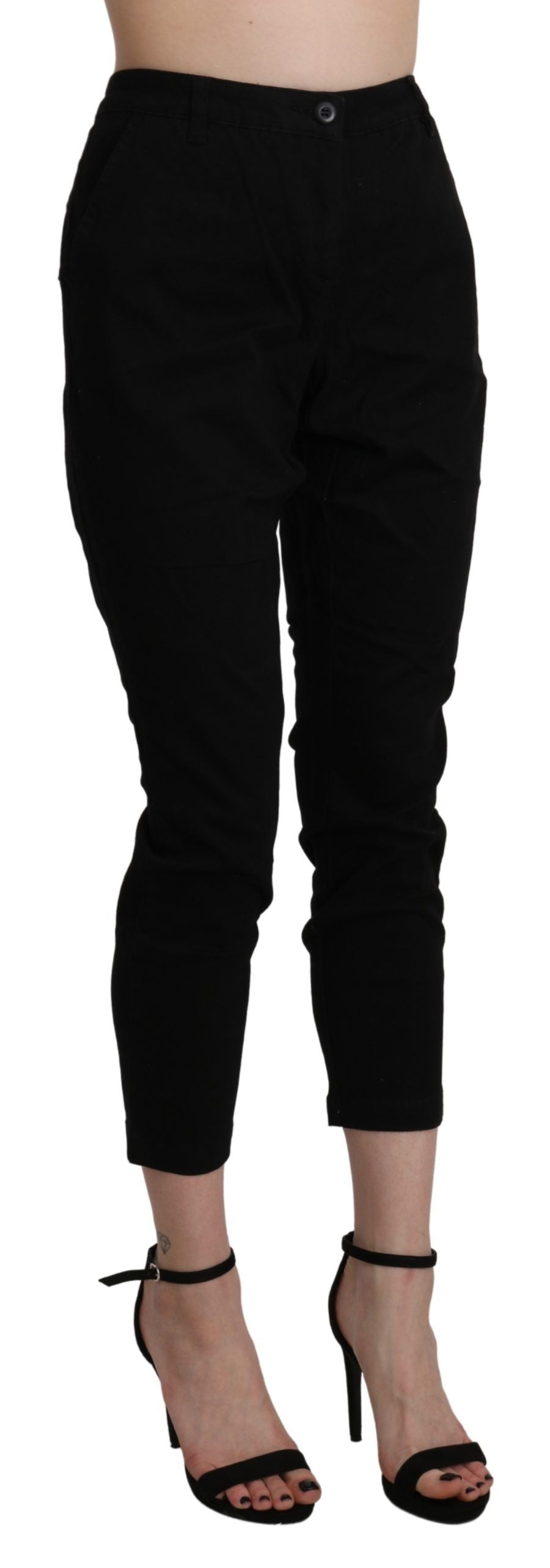 Eight black high-waisted slim-fit cotton capri pants