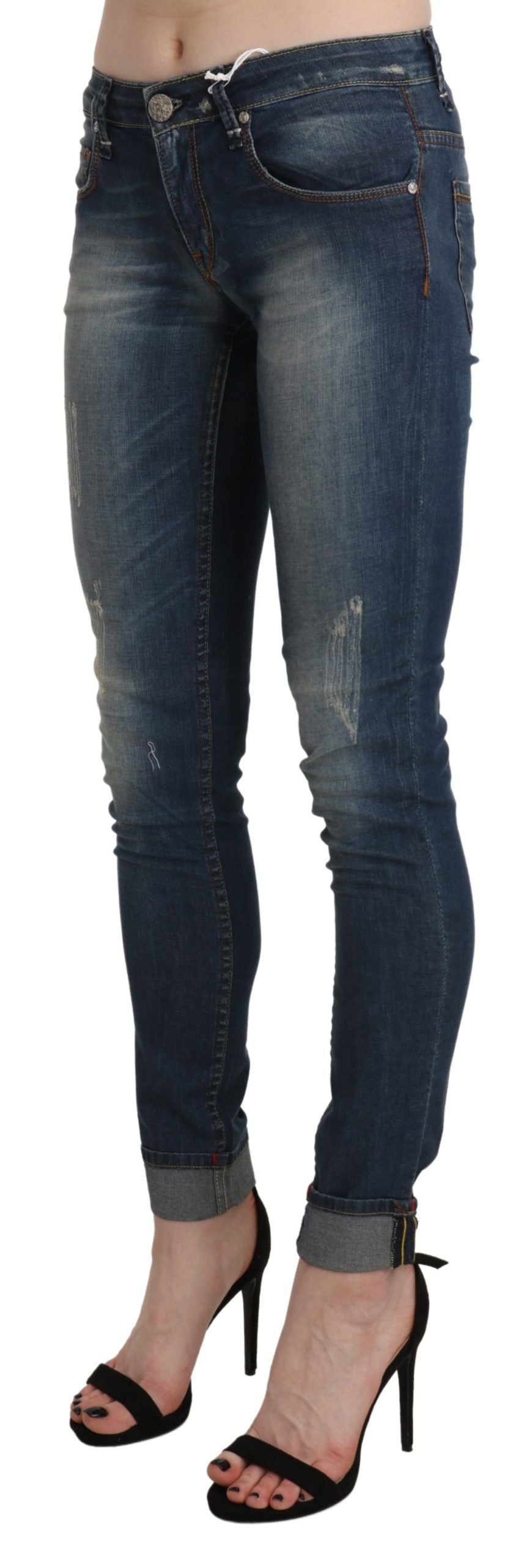 Eight blue, washed, low-rise, cut-off denim pants