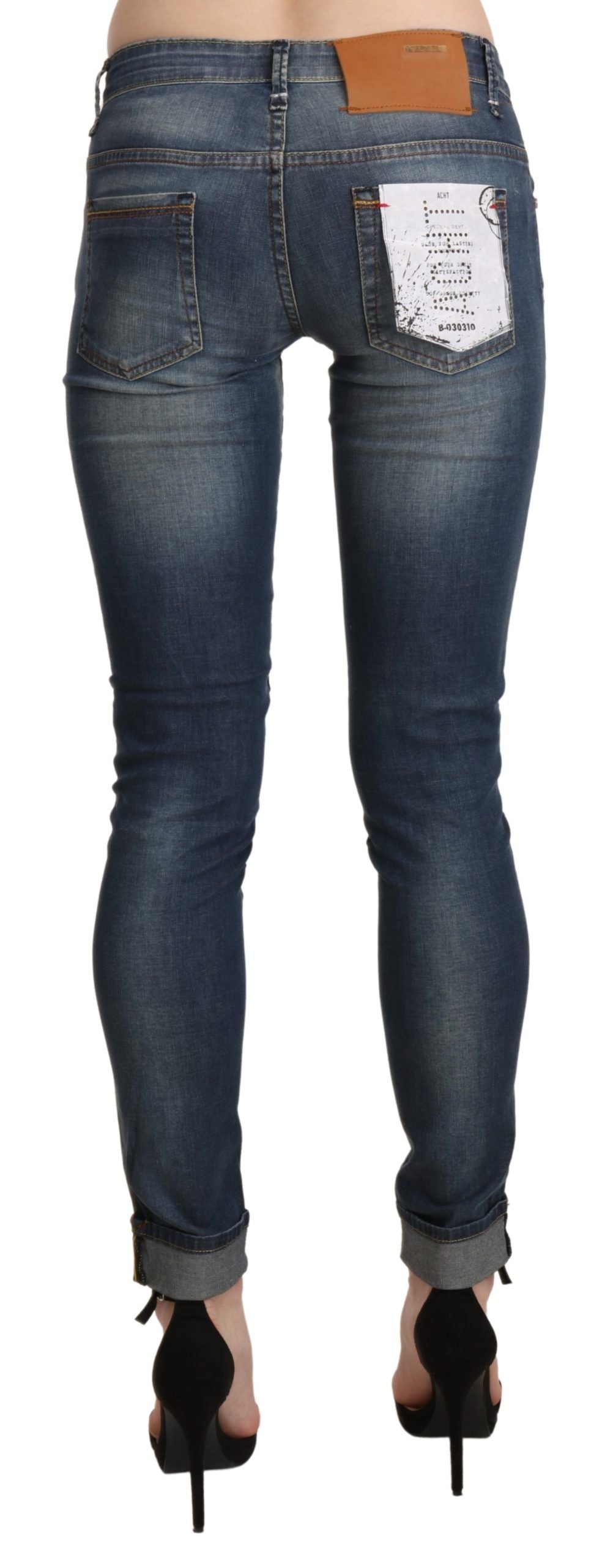 Eight blue, washed, low-rise, cut-off denim pants
